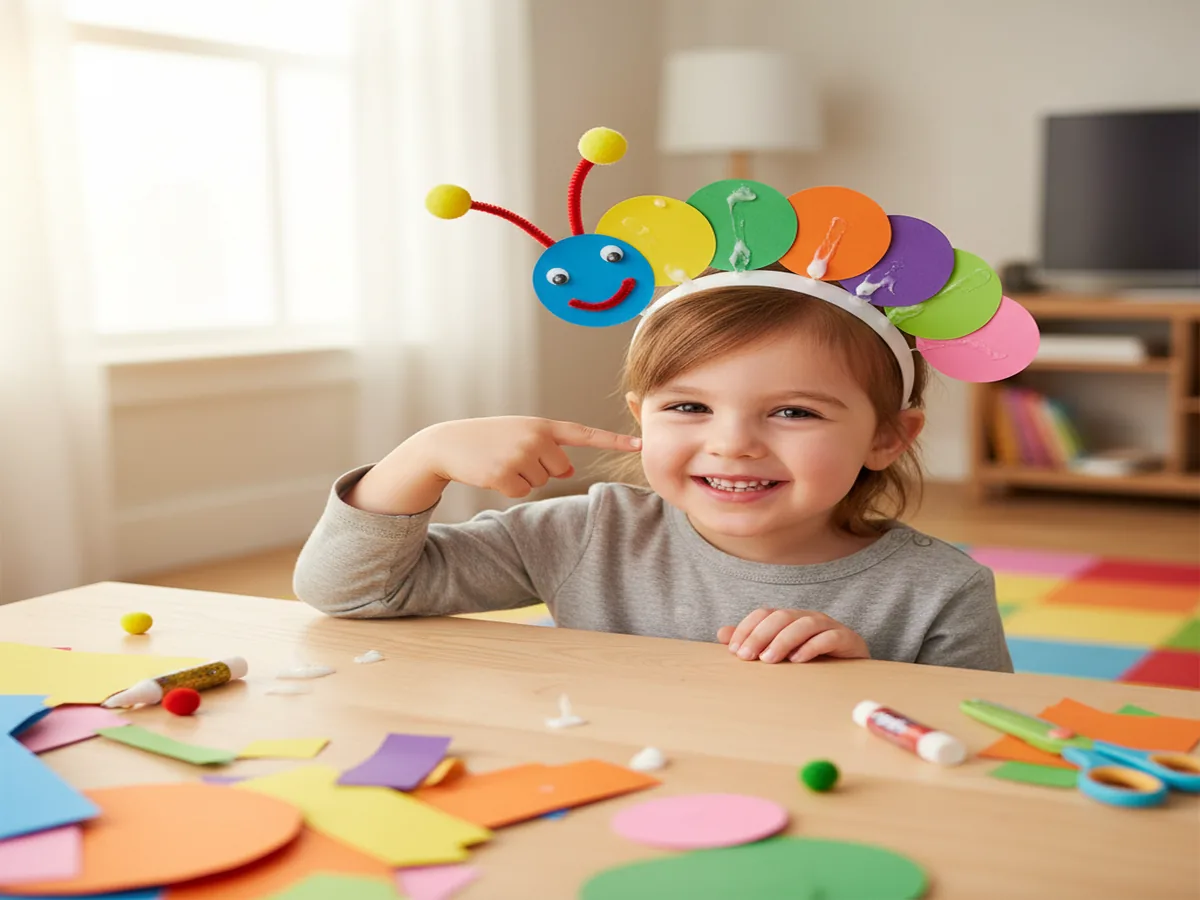 Handmade 3D paper caterpillar headband with paper circle bumps and pipe cleaner antennae