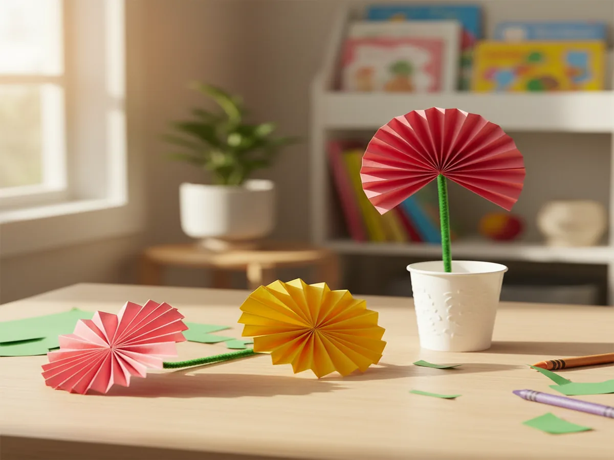 Handmade folded paper flowers in multiple colors with accordion-fold petals and paper stems