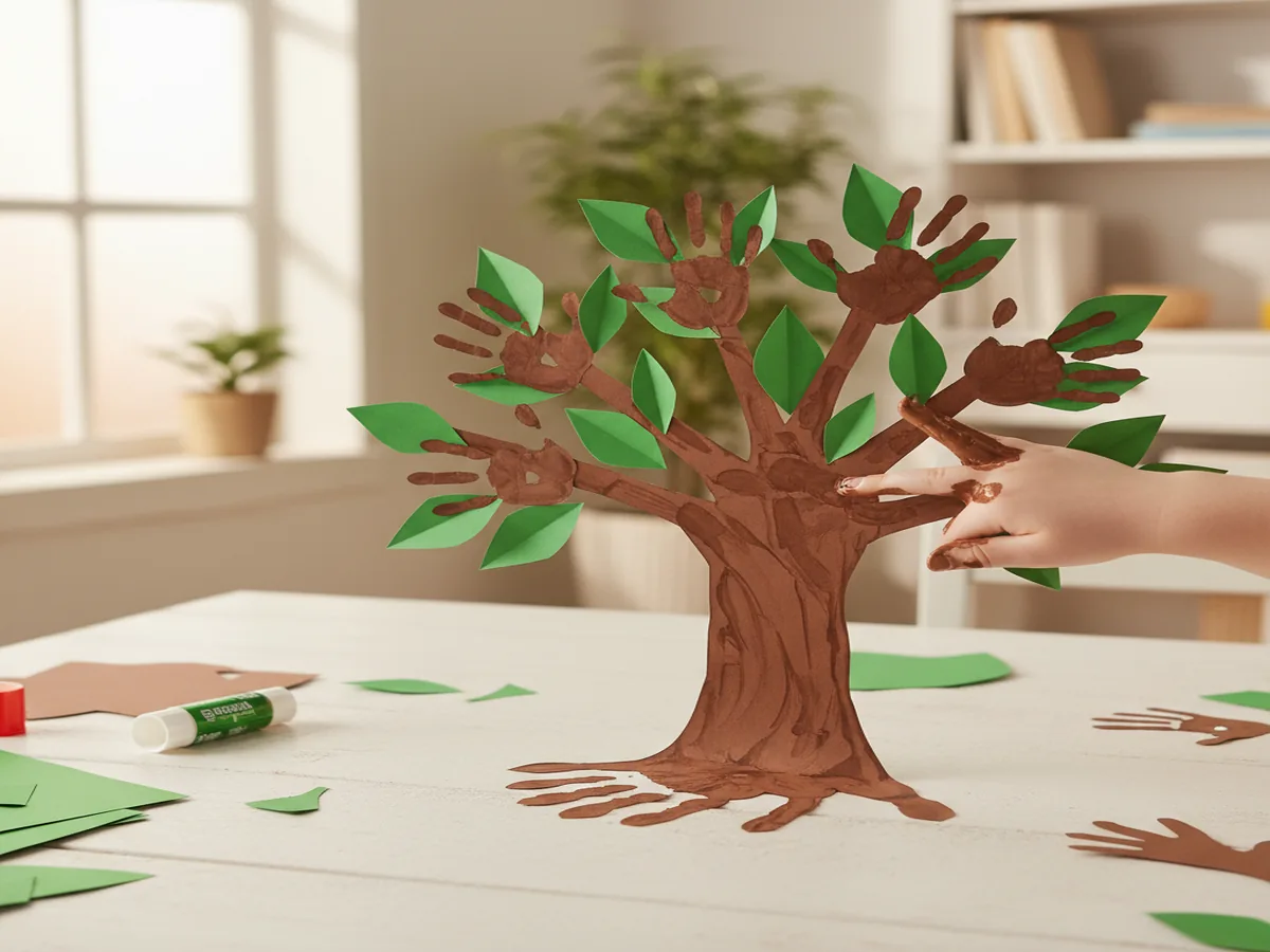 Handmade handprint paper tree with multiple brown handprints arranged as branches and a trunk