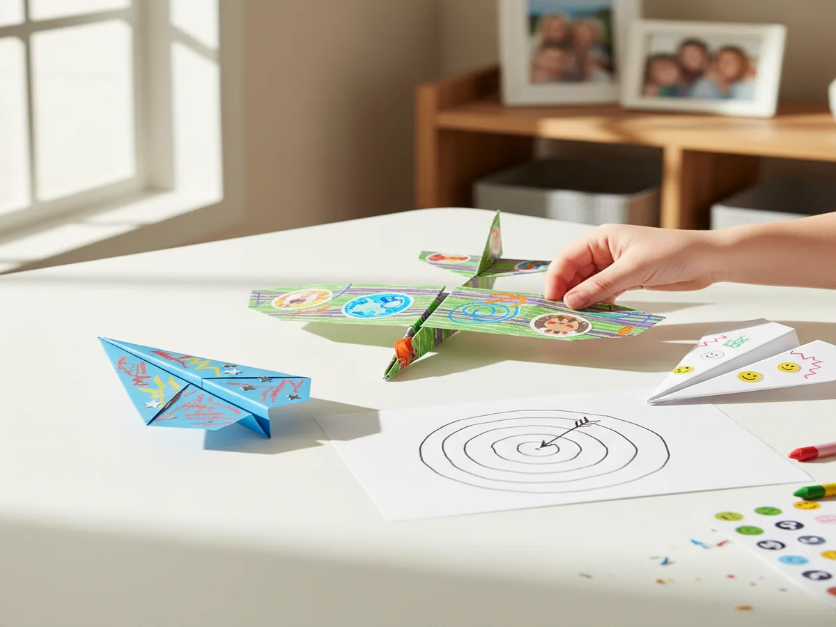 Multiple paper airplanes with different fold designs on a craft table ready to fly