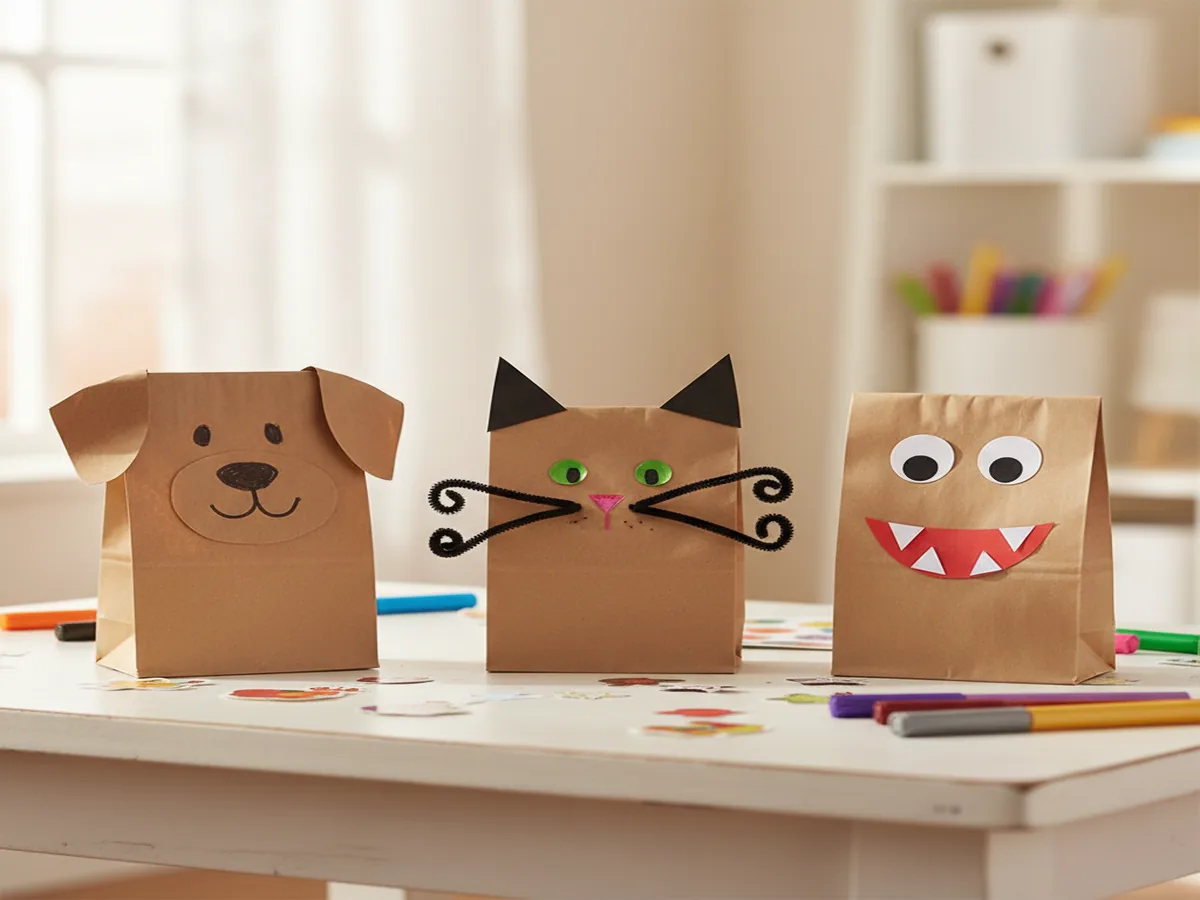 Handmade paper bag puppet pals with drawn faces and paper decorations on a craft table