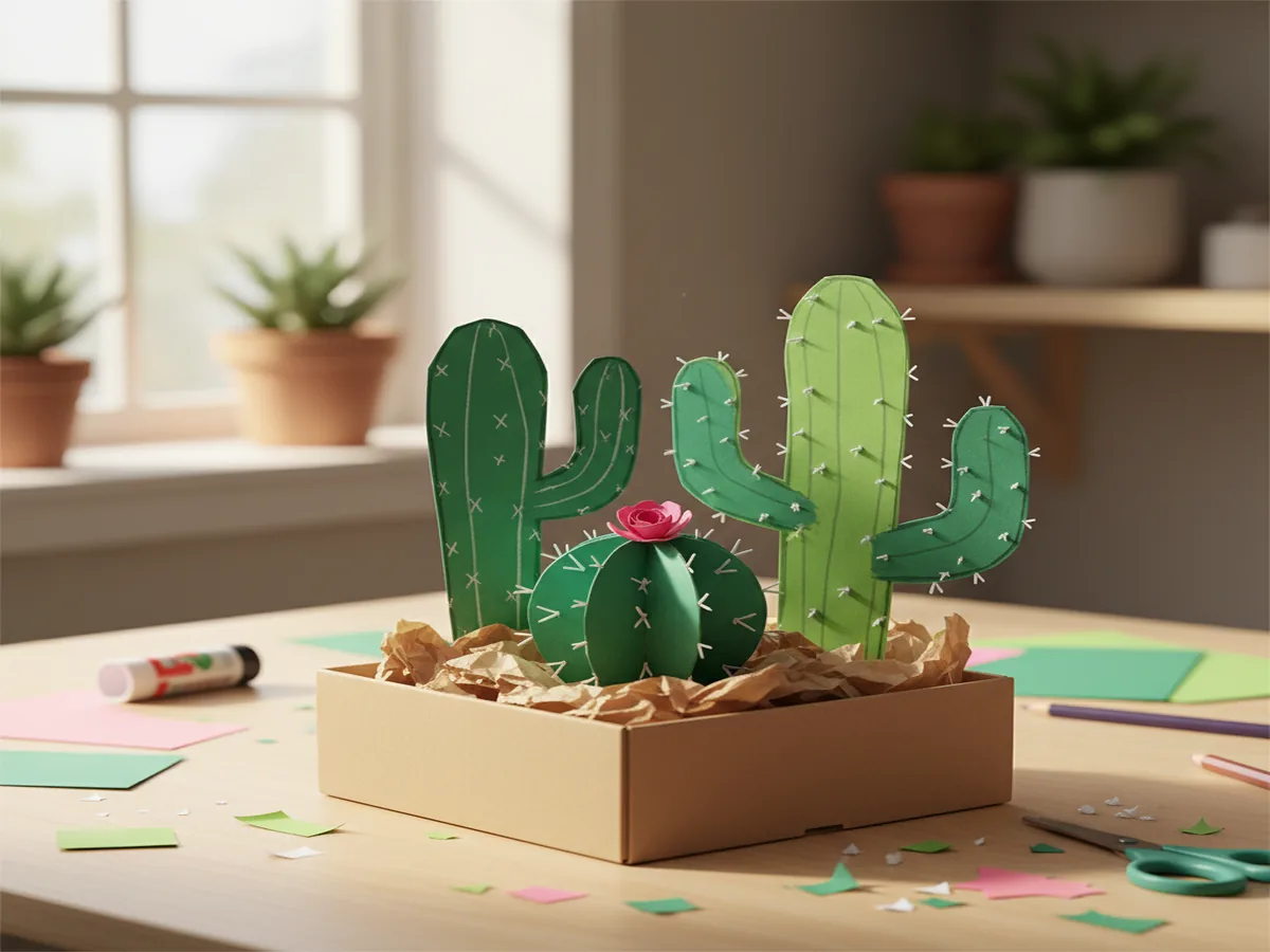 Handmade paper cactus garden with green construction paper cactus shapes in a small box planter