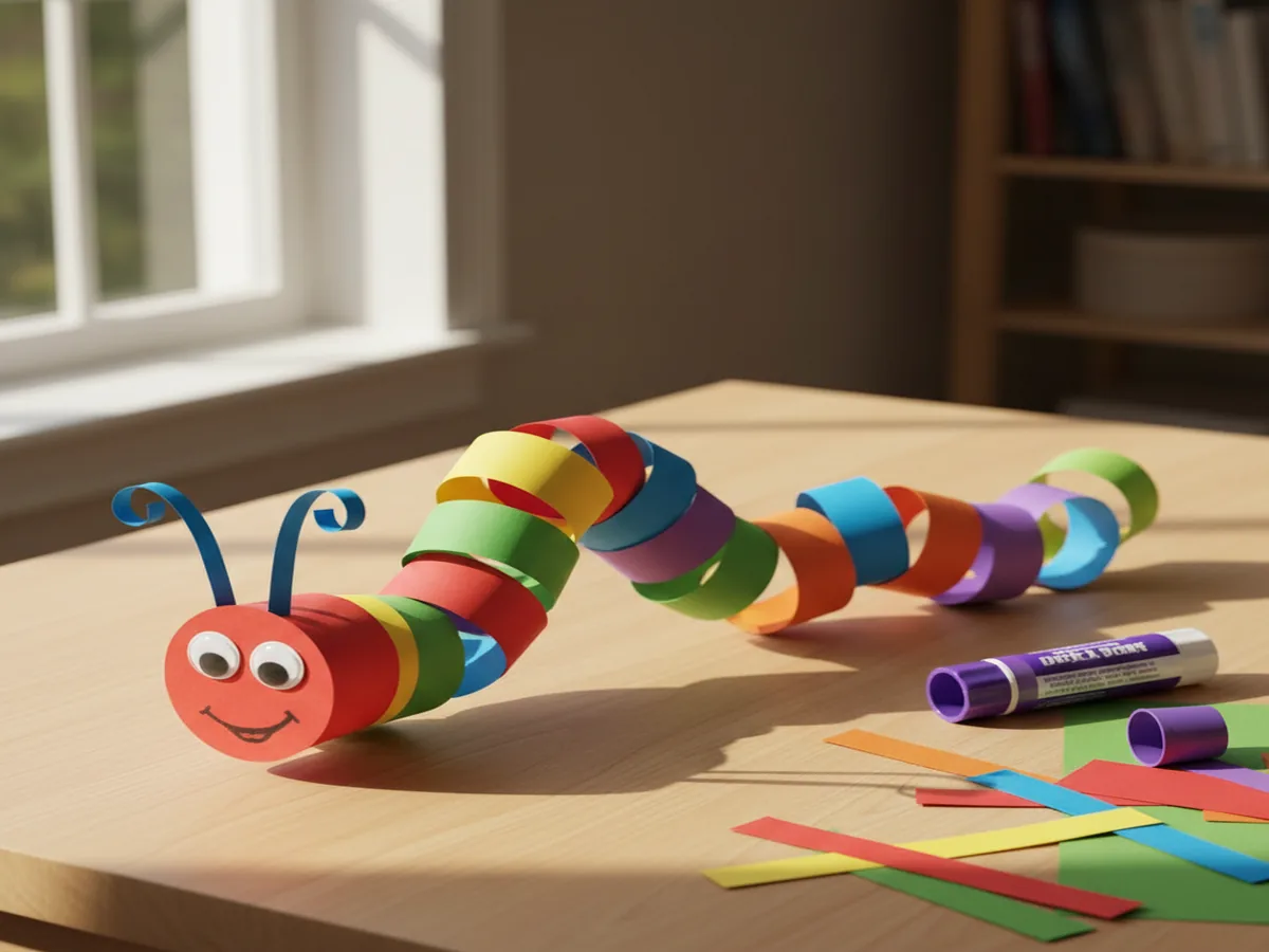 Colorful paper chain caterpillar with linked construction paper loops and googly eyes
