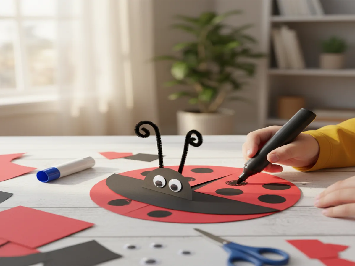 Handmade paper circle ladybug craft with red circle body, black spots, and paper antennae
