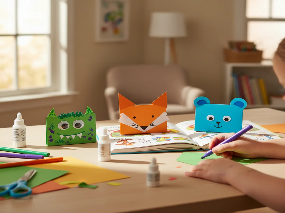 Handmade folded paper corner bookmarks decorated as animals and monsters on a craft table