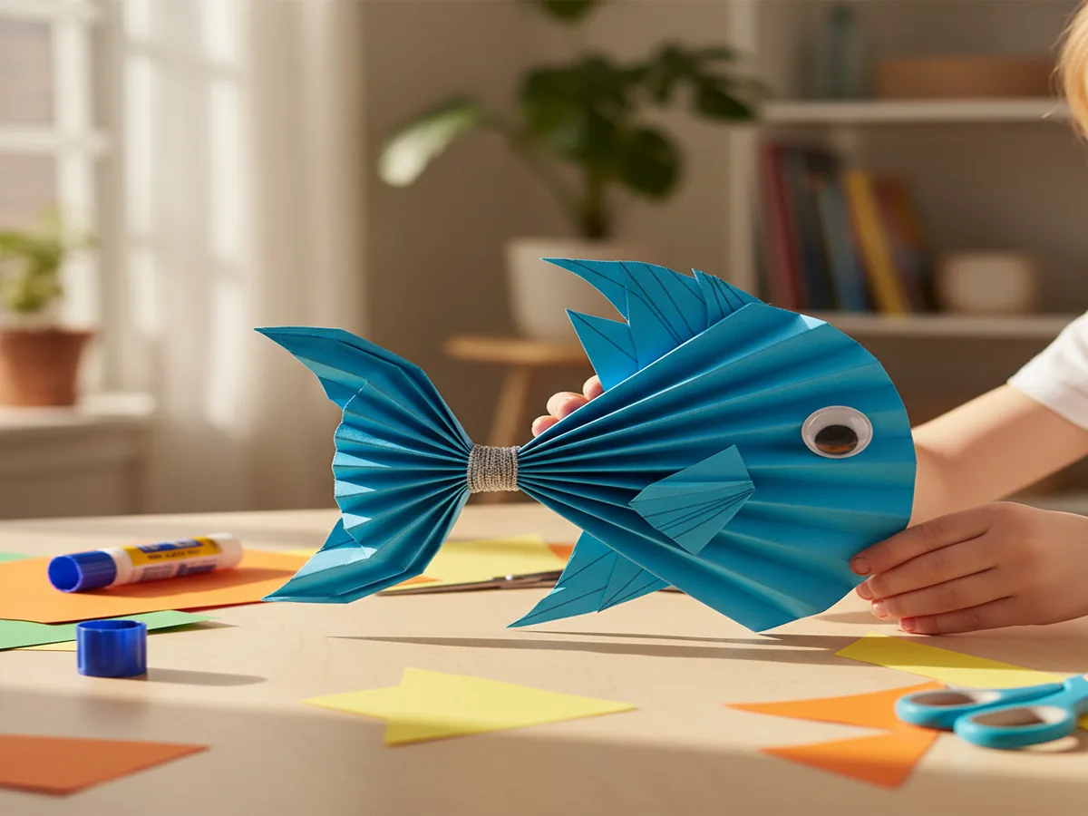 Handmade paper fan fish craft made from an accordion-folded paper fan pinched at one end as the tail with a drawn eye