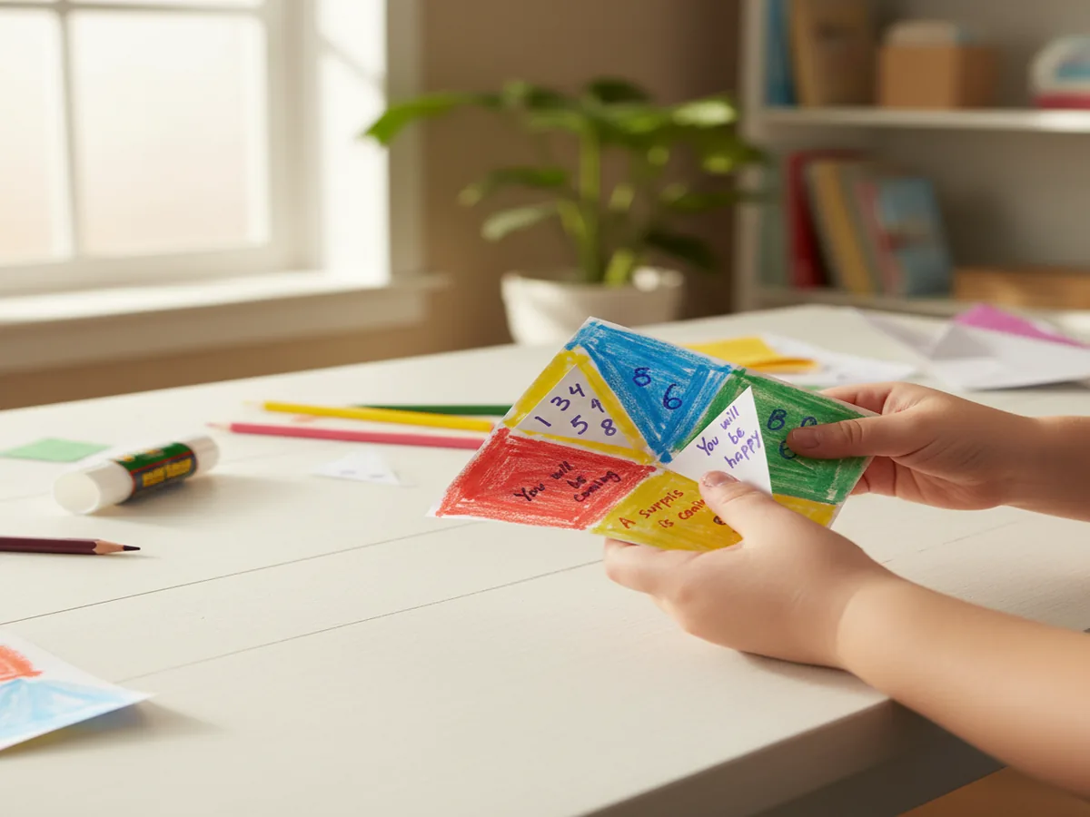 Handmade paper fortune teller cootie catcher with colorful numbers and written messages inside