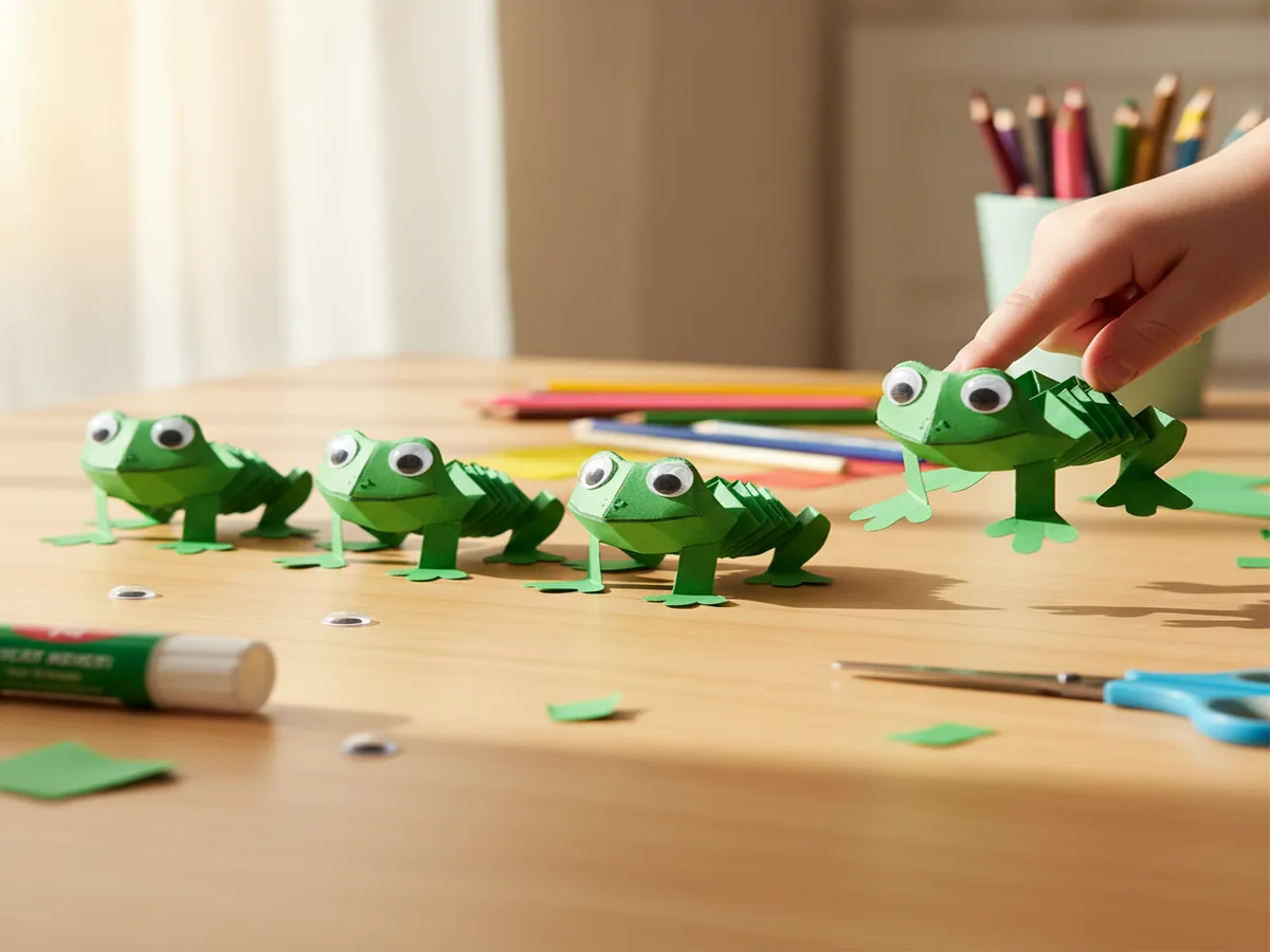 Handmade origami-style paper frog jumper craft in green with folded legs ready to jump