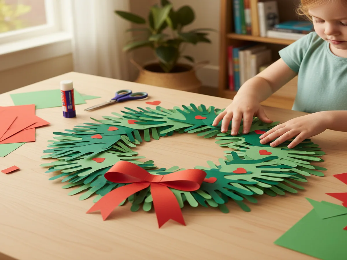 Handmade paper handprint wreath made from multiple green paper handprints arranged in a circle