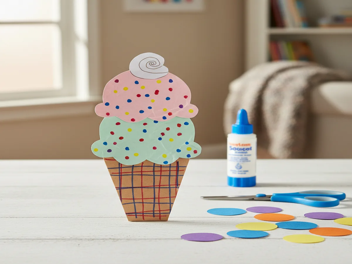 Handmade paper ice cream cone with brown cone and two colorful paper scoops decorated with sprinkles