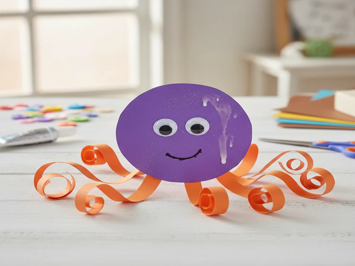 Handmade paper octopus craft with a round paper head and eight curled paper strip tentacles