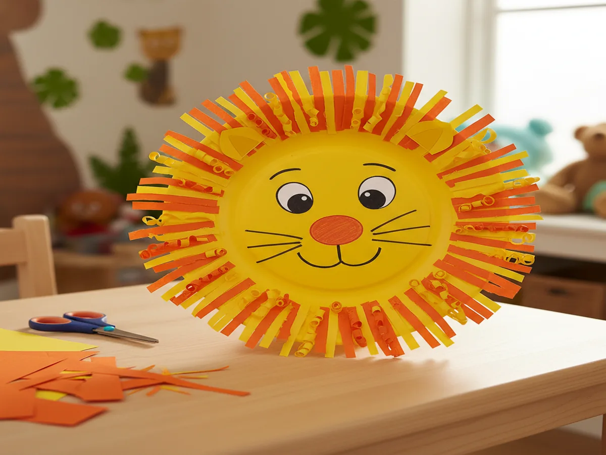 Handmade paper plate lion craft with a yellow plate face surrounded by orange paper strip mane curls