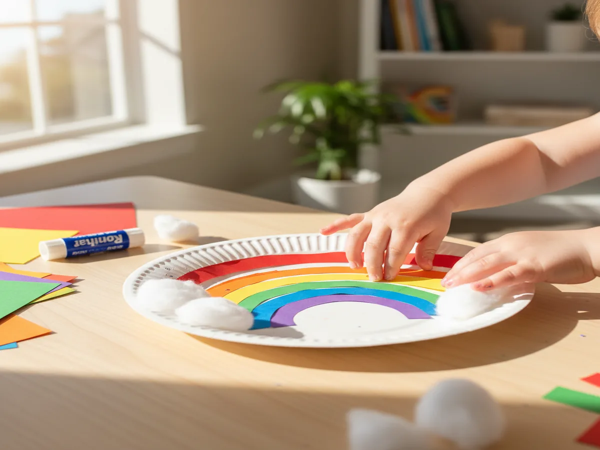 Handmade paper plate rainbow craft with colorful construction paper arcs glued on a white plate