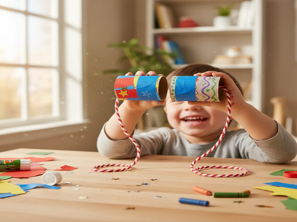 Handmade binoculars made from two toilet paper rolls taped together and decorated with colorful paper and a neck strap