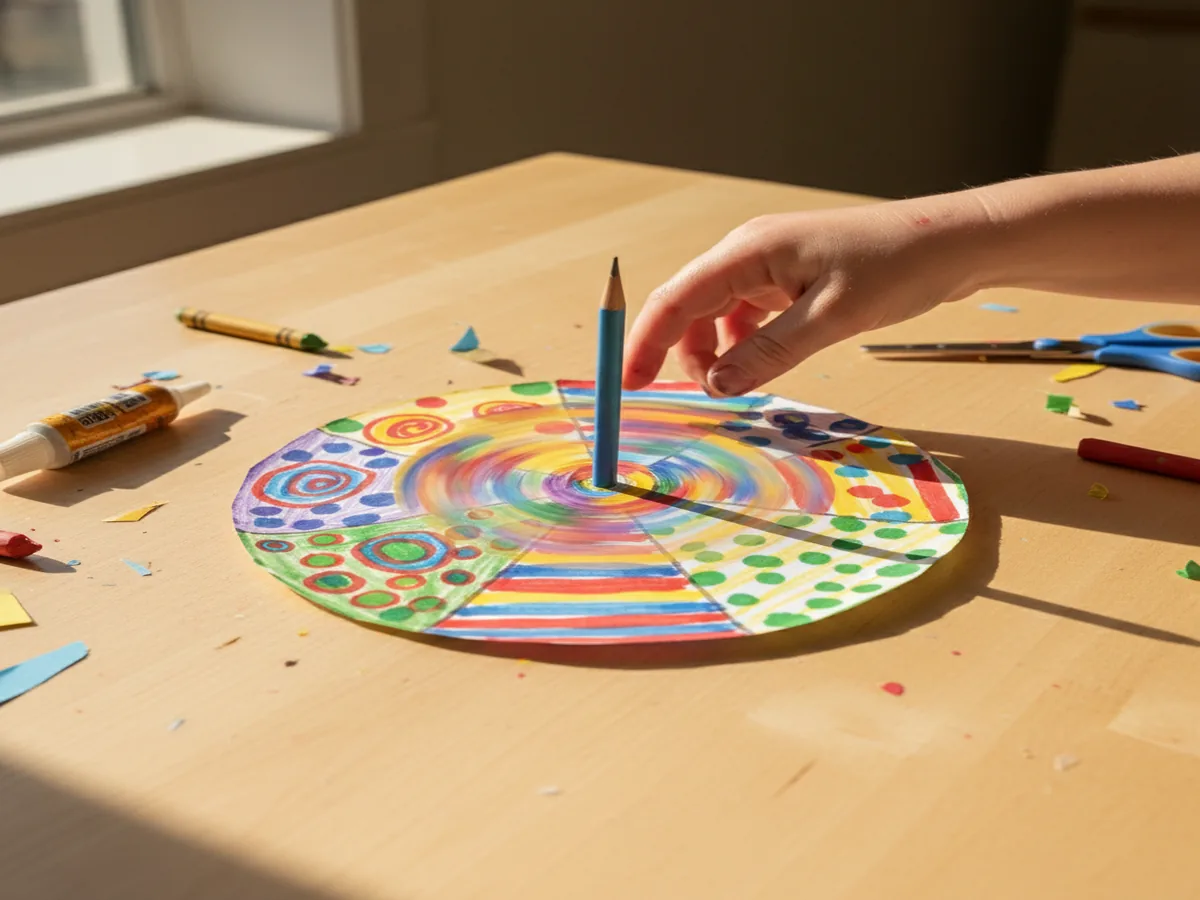 Handmade paper spinner toy with colorful decorated circle and pencil through the center