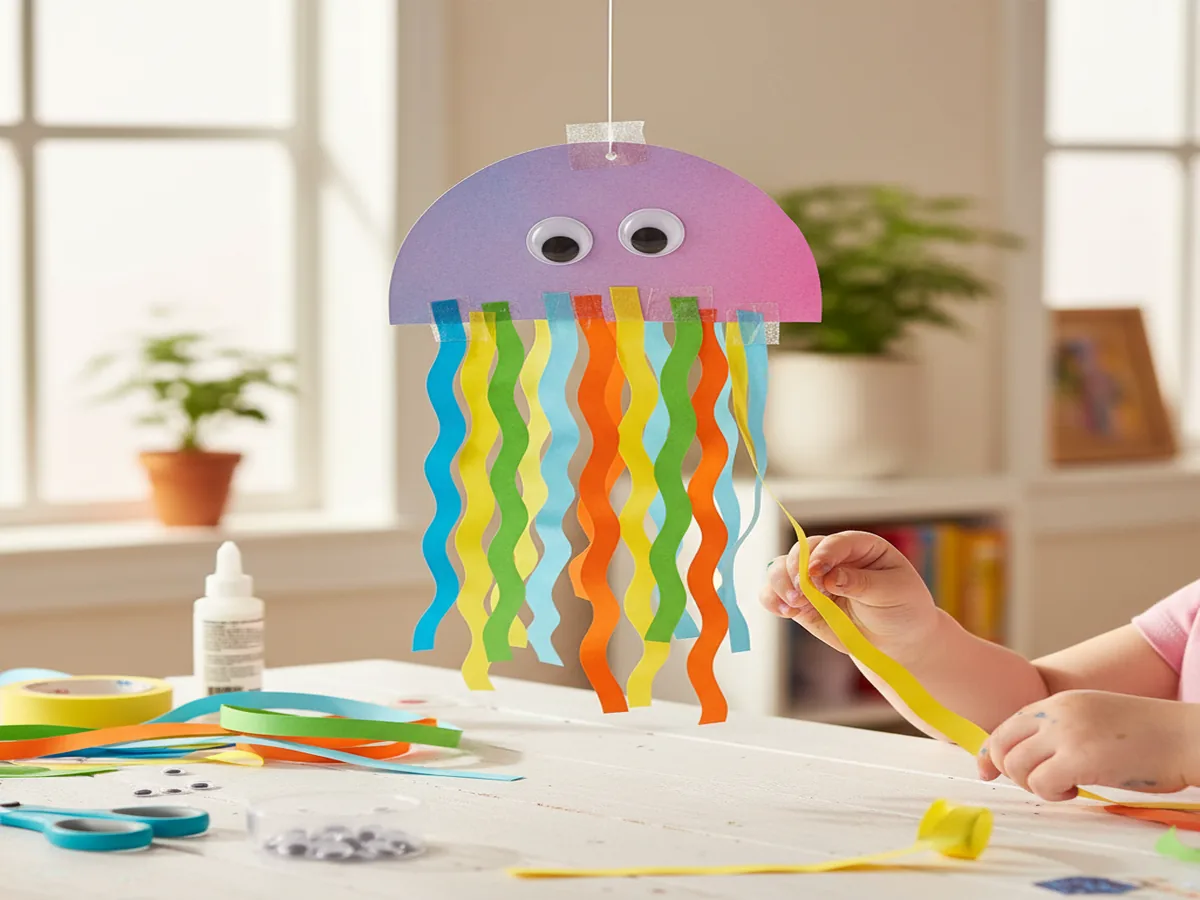 Handmade paper jellyfish craft with a paper dome head and hanging paper strip tentacles
