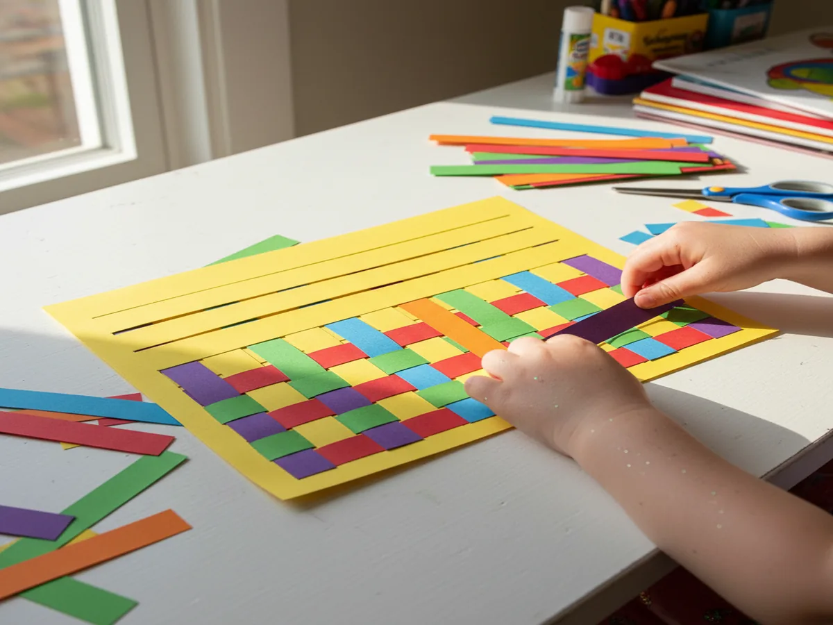 Colorful handmade paper weaving mat with interlaced strips of construction paper in a grid pattern