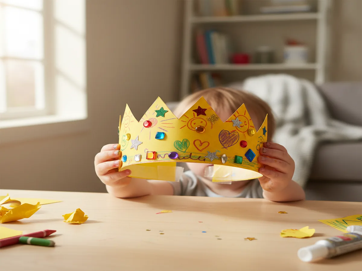 Handmade simple paper crown with zigzag points decorated with crayons and gem stickers