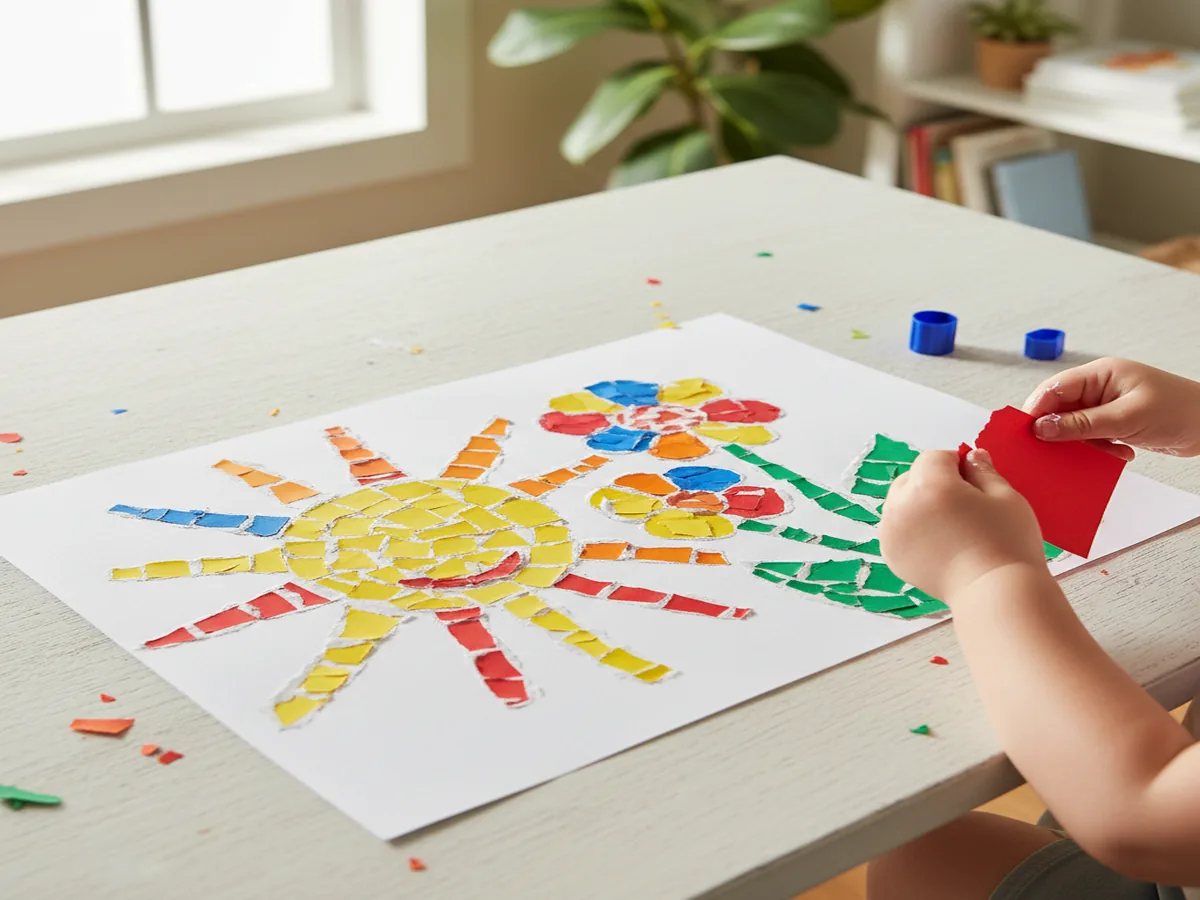 Colorful handmade torn paper mosaic art with small torn pieces arranged in a pattern on white paper