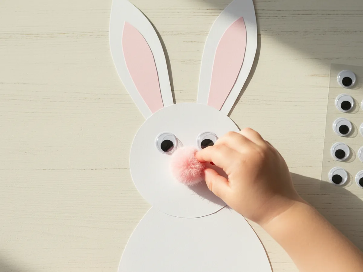 A child pressing a pink pom pom nose between two googly eyes onto a white paper bunny face