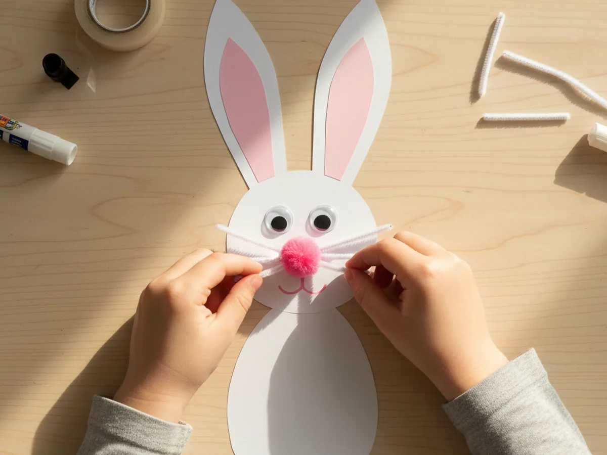 A child adding six short white pipe cleaner whiskers next to the pink pom pom nose on a paper bunny face