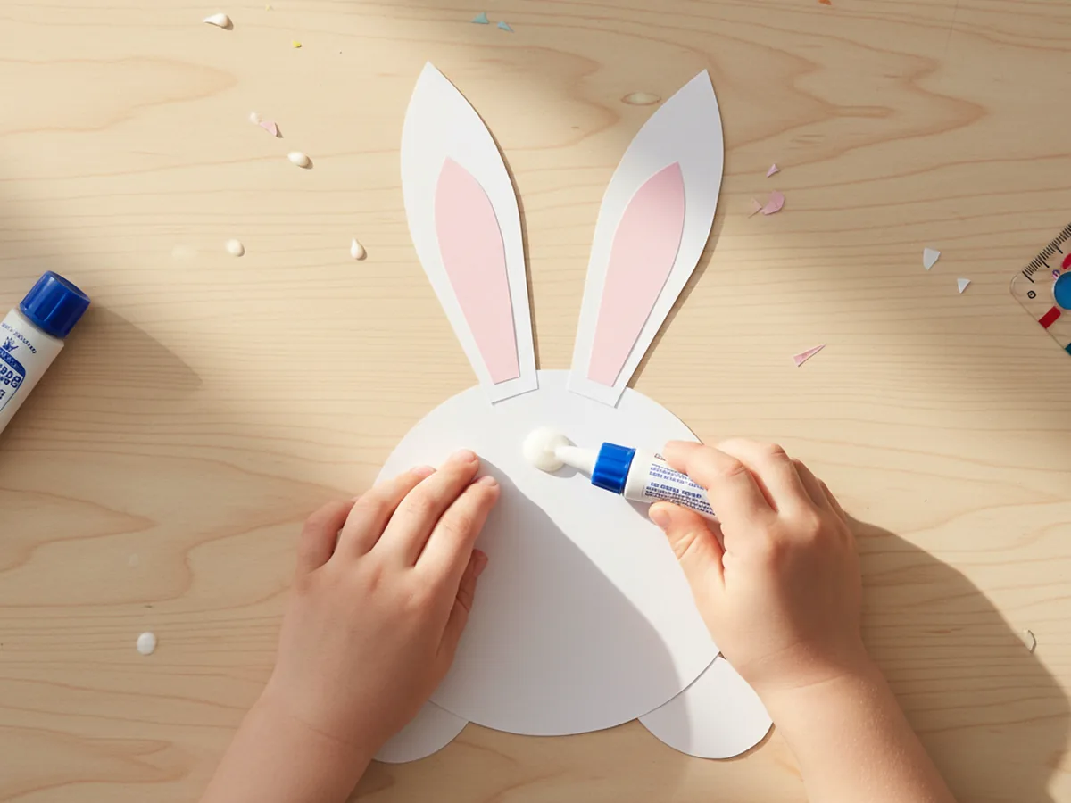A child gluing two long white and pink paper ears onto the back of a paper bunny head so they stand tall