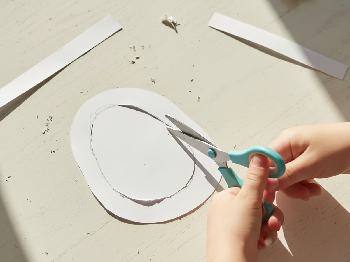 A child cutting out a large white oval body shape from construction paper for a craft paper bunny