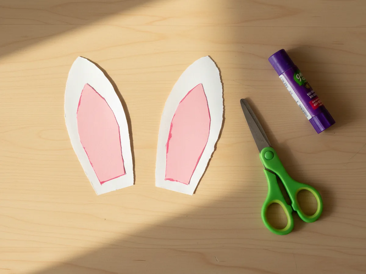 Two long white paper bunny ears with smaller pink inner ear shapes glued in the center on a craft table