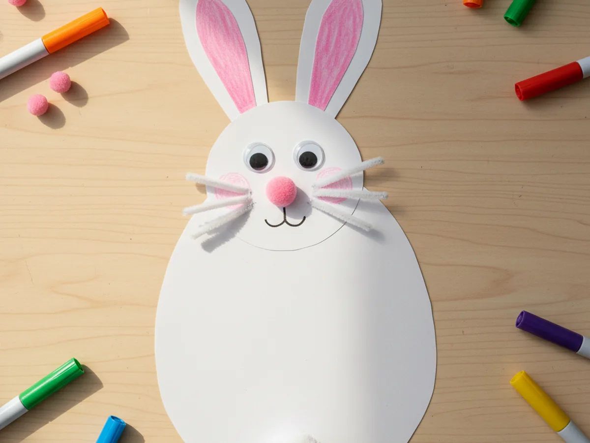 A finished cheerful craft paper bunny with white body, pink inner ears, googly eyes, pink pom pom nose, white whiskers, and fluffy tail