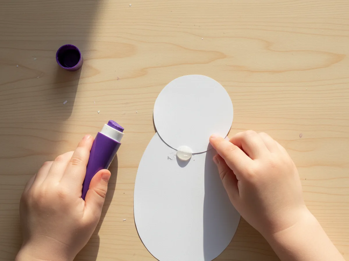 A child gluing a smaller white circle head onto the top of a white oval body for a paper bunny craft