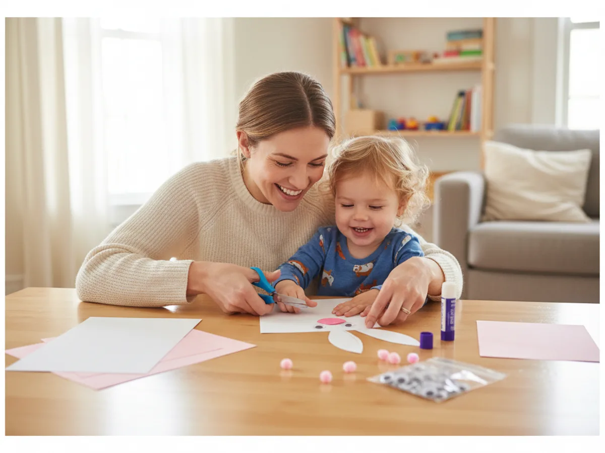 A mom and young child sitting together at a craft table with white and pink construction paper for a craft paper bunny project