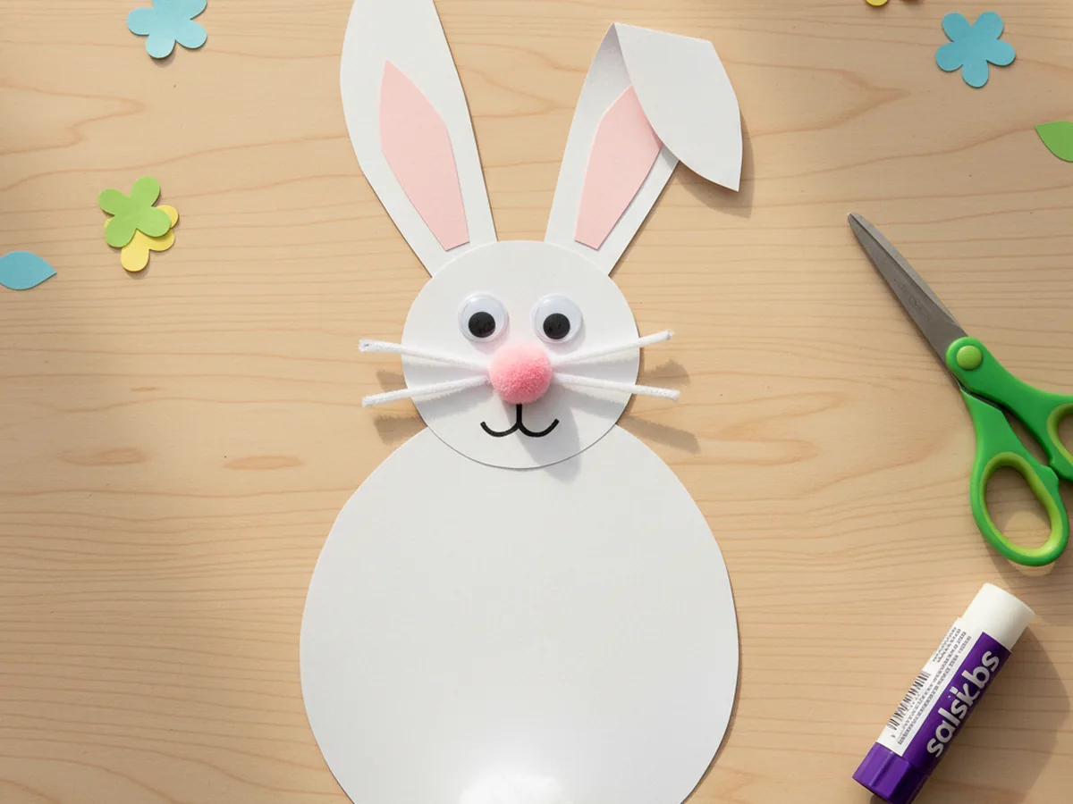 Finished cute craft paper bunny with white body, pink inner ears, googly eyes, pink pom pom nose, and white whiskers on a craft table