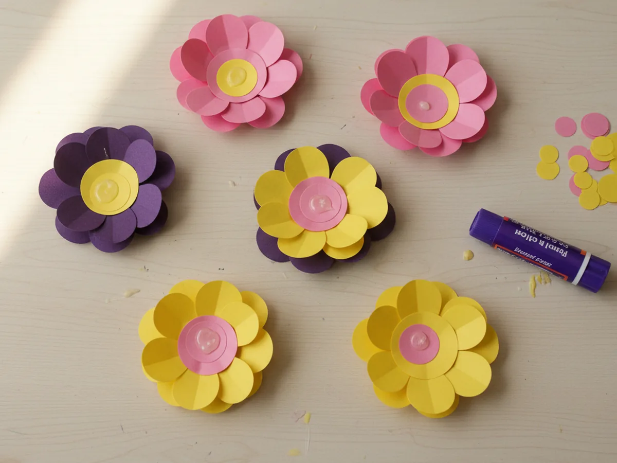 Seven layered paper flowers on a light wood craft table with each bloom now featuring a small contrasting yellow or pink cardstock circle glued in the center as the flower face