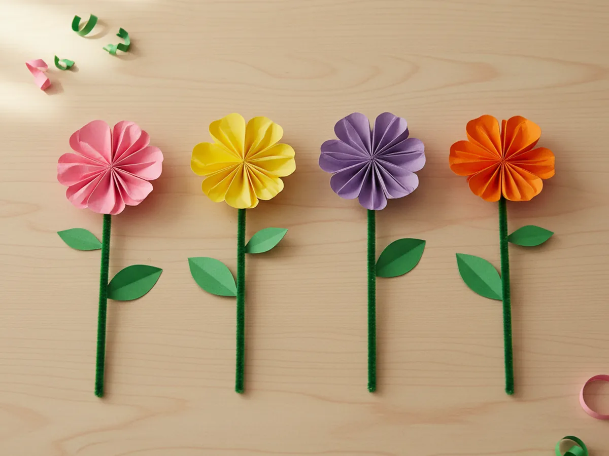 A few finished paper flowers with green pipe cleaner stems lying side by side on a light wood craft table with small pointed green cardstock leaves taped halfway down each stem and bent slightly outward
