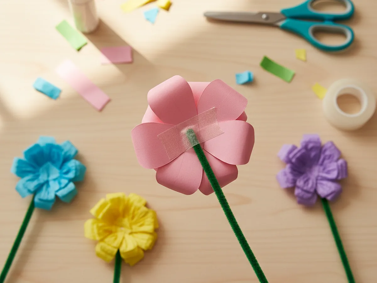 The back of a paper flower on a light wood craft table showing a green pipe cleaner stem laid flat against the cardstock and secured with a small square of clear tape, with other completed flowers visible nearby