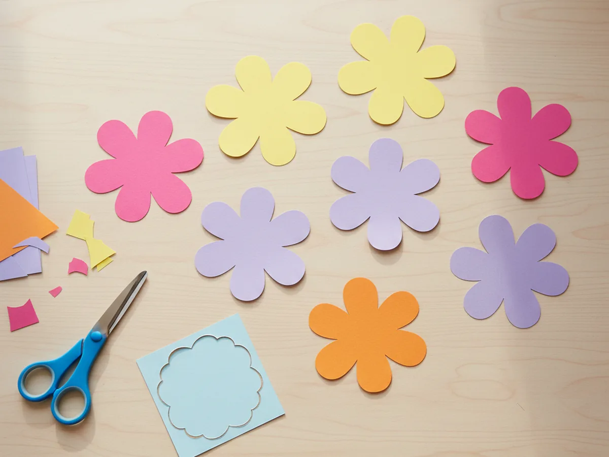 Seven flat cardstock flower shapes in bright pink, yellow, purple and orange cut and laid out on a light wood craft table, each one with rounded petals in slightly different sizes, with kid scissors and cardstock scraps nearby