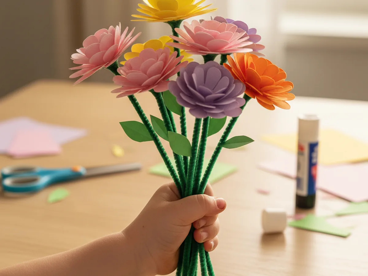 A handmade paper flower bouquet of seven colorful cardstock blooms held together in a small hand with green pipe cleaner stems twisted neatly at the bottom on a light wood craft table