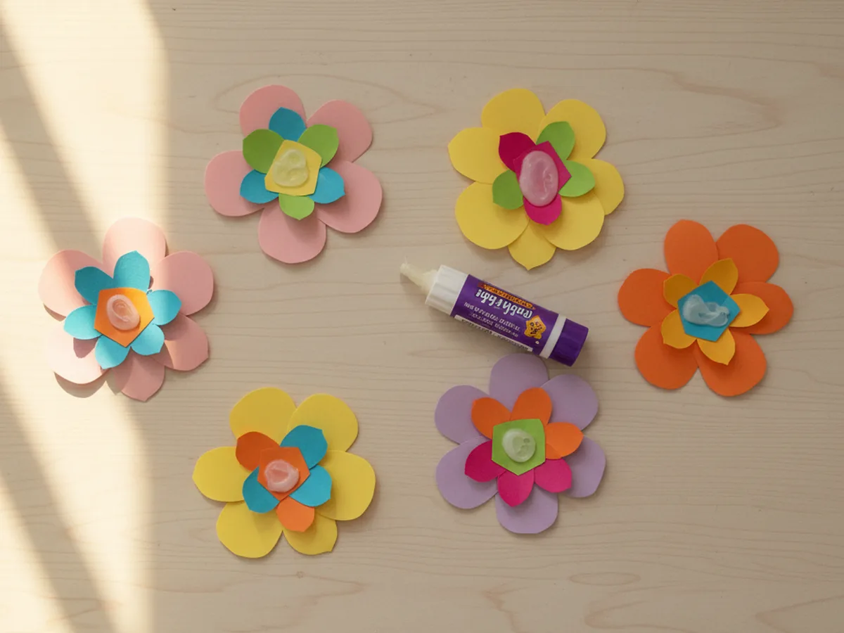 Several two layered paper flowers on a light wood craft table where each bloom has a larger bottom flower in one color and a smaller flower in a contrasting color glued on top with the petals offset between the layers