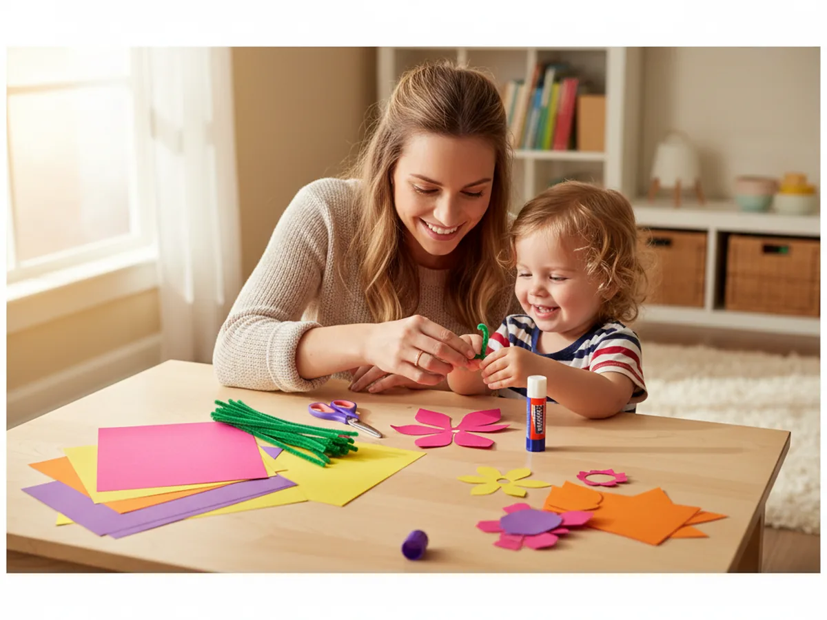 A mom and a young child sitting at a light wood craft table with colorful cardstock in pink yellow and purple, green pipe cleaners, scissors and a glue stick, smiling as they start to build a paper flower bouquet together