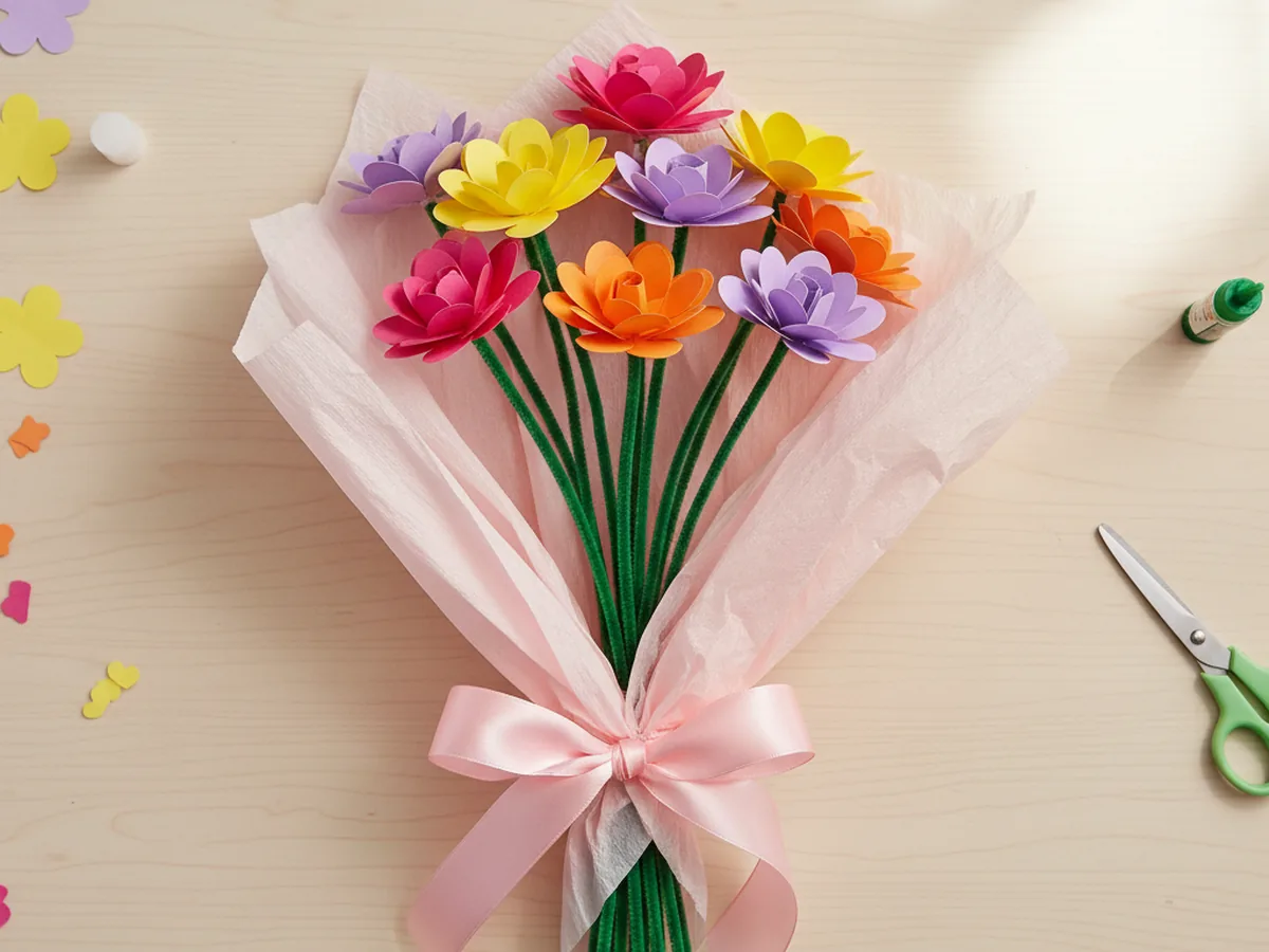 The completed handmade craft paper flower bouquet wrapped in soft pink tissue paper and tied with a pink satin ribbon bow at the stem base sitting on a light wood craft table ready to be given as a gift