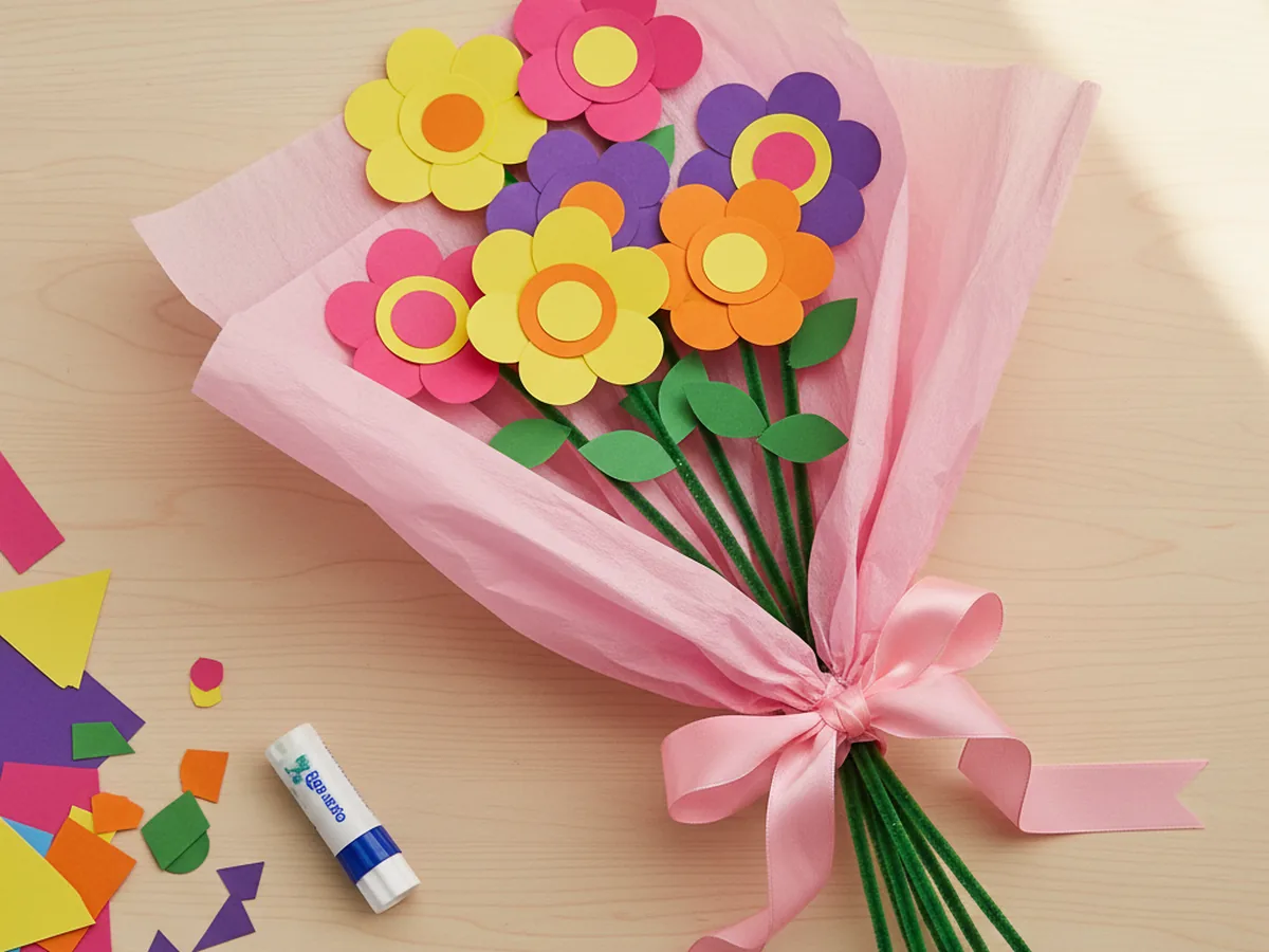 A finished handmade craft paper flower bouquet with seven colorful layered cardstock flowers in pink, yellow, purple and orange on green pipe cleaner stems, wrapped in soft pink tissue paper and tied with a satin ribbon bow, sitting on a light wood craft table