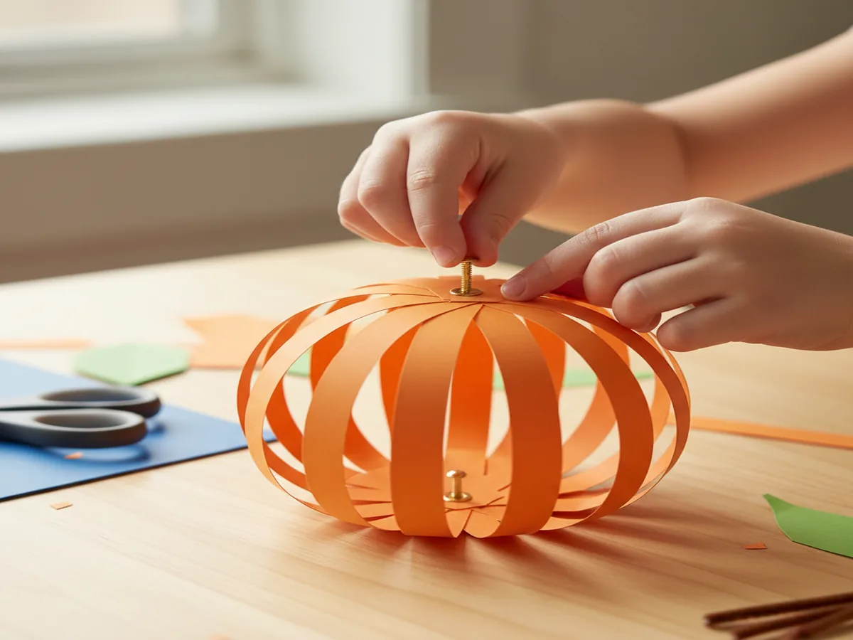 Child fanning out the paper strips into a round pumpkin shape and securing the top ends together with a second brass ...