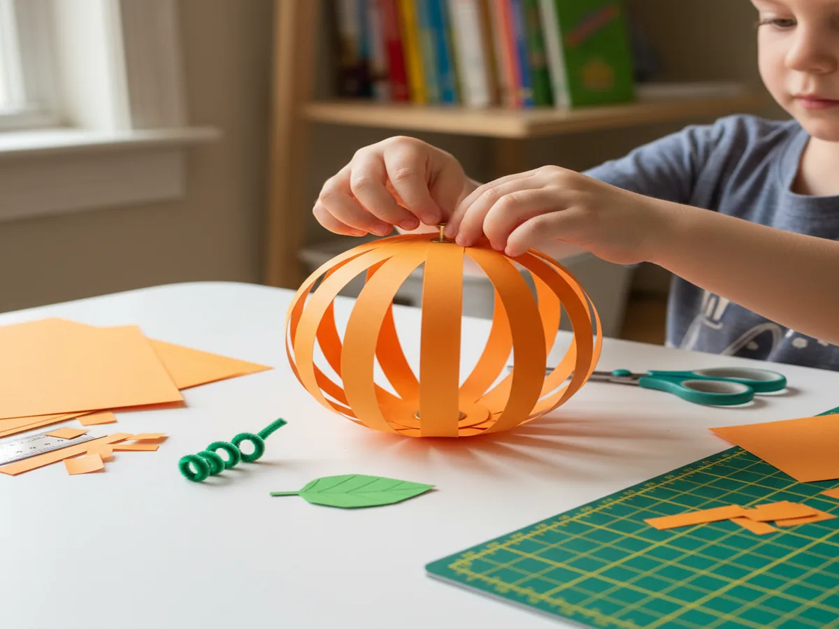 Finished 3D paper strip pumpkin displayed on a table alongside crayons and extra pumpkins decorated with drawn-on faces