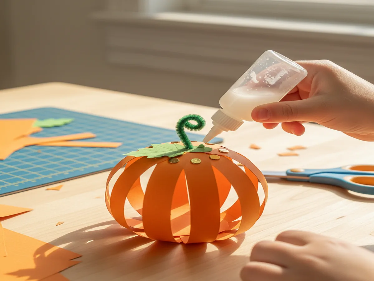 Little fingers gluing a small green construction paper leaf and a curled green pipe cleaner stem to the top of the pa...