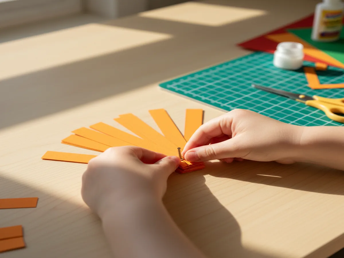 Small hands stacking and aligning the orange paper strips on top of each other and poking a brass fastener through on...