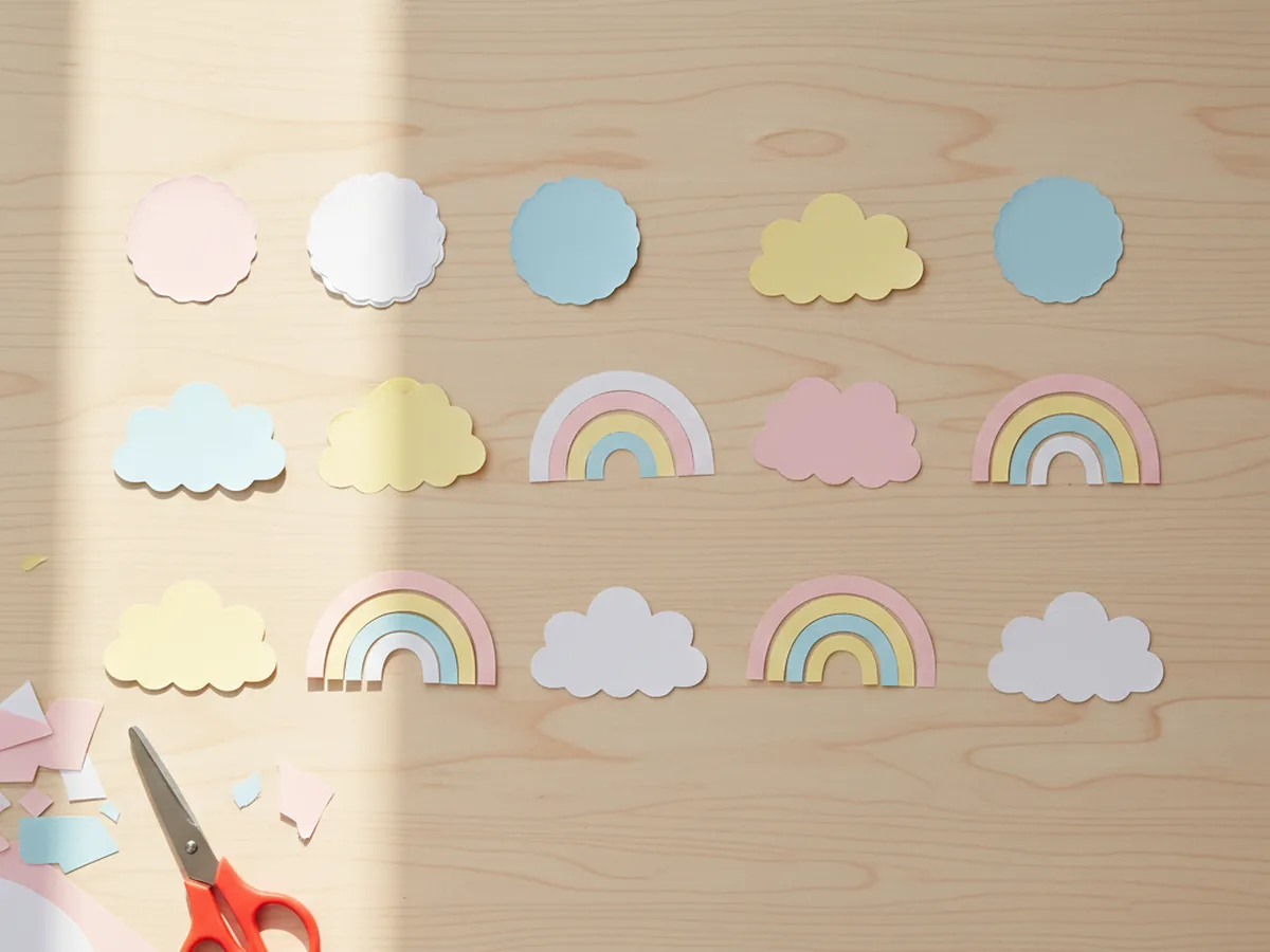 Fifteen flat cardstock and construction paper shapes including small circles scalloped clouds and tiny rainbow arches in pastel pink yellow blue and white cut and laid out in tidy rows on a light wood craft table with kid scissors and paper scraps nearby