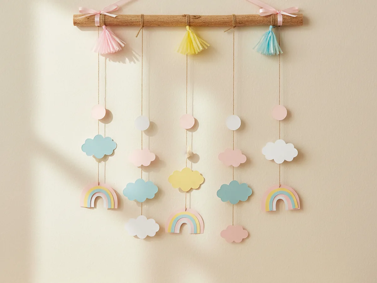 The completed handmade craft paper wall hanging displayed on a cream nursery wall with five jute twine strands of layered pastel paper shapes hanging from a wooden dowel and a soft satin ribbon loop holding three small tissue paper tassels