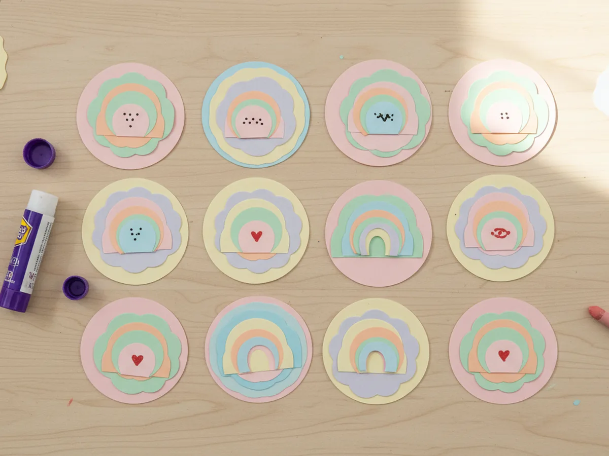 Fifteen two layered paper shapes on a light wood craft table where each piece has a larger bottom shape in one pastel color and a smaller contrasting shape glued on top with a thin colored frame showing around the edge