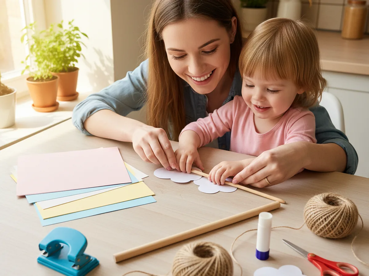 A mom and a young child sitting at a light wood craft table with colorful cardstock in pink yellow and blue, a wooden dowel, jute twine, scissors and a glue stick, smiling as they start to build a paper wall hanging together