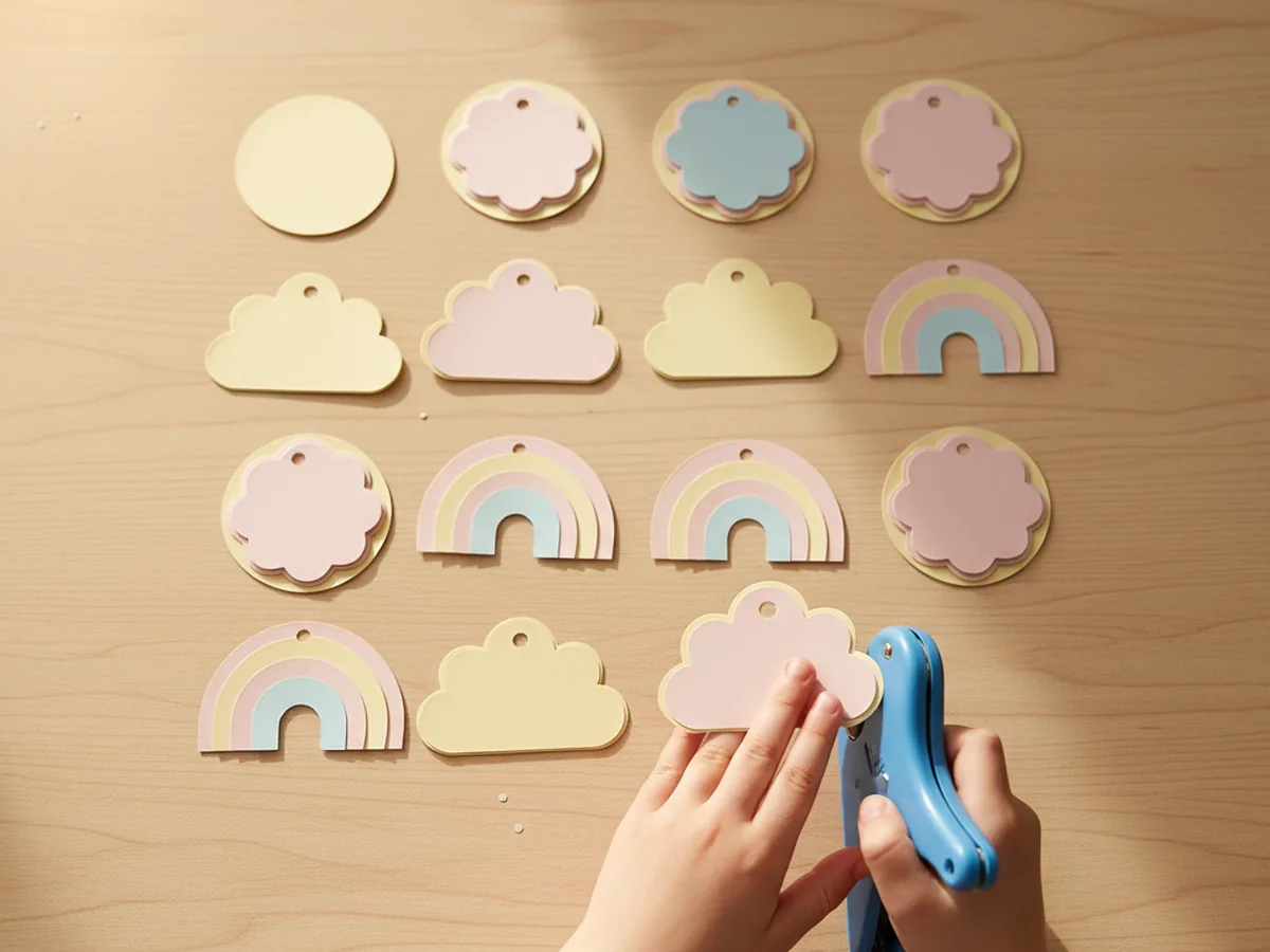 A pair of small hands using a blue single hole punch to make a small hole at the top center of each layered pastel paper shape on a light wood craft table with the finished punched shapes lined up in five neat columns